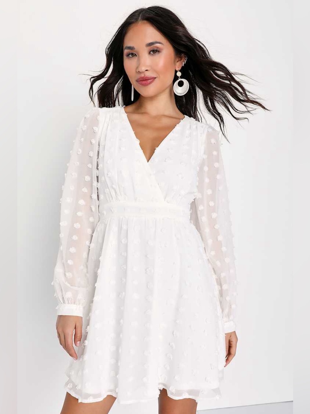 NWOT Lulus Always on Repeat White Clip Dot Long Sleeve Mini Dress Size Small